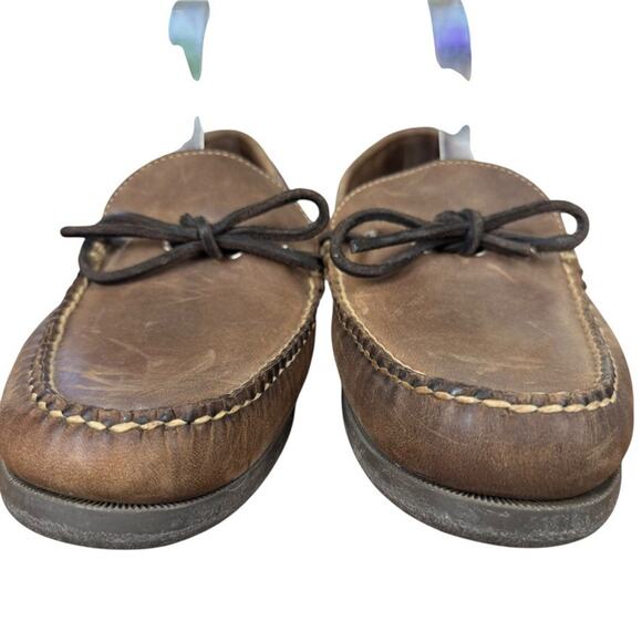 LL Bean Mens Brown Leather Slip On Boat Shoes Loafers Preppy Casual sz 8 EE Wide - Picture 7 of 16